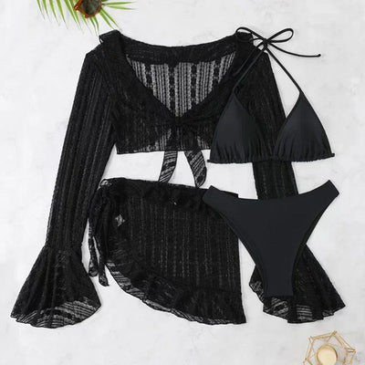 2025 Sexy Four-piece Women Swimsuit Long-sleeve Cover-up Swimwear Summer Solid Bikini Set Brazilian Beachwear Party bathing suit
