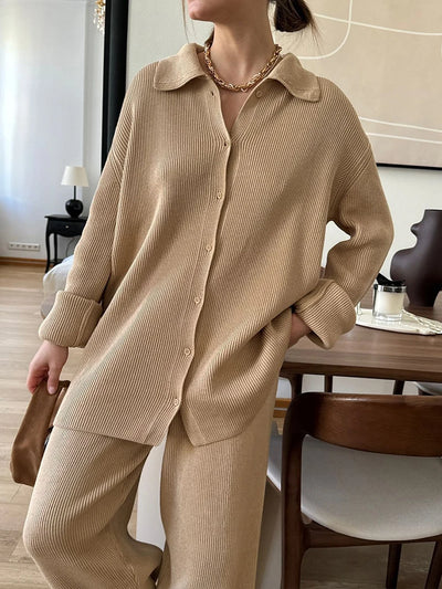 2025 Autumn Street Outfits Knitted Cardigan Pants Sets Women Single Breasted Lapel Sweater High Waist Wide Leg Trousers Suit
