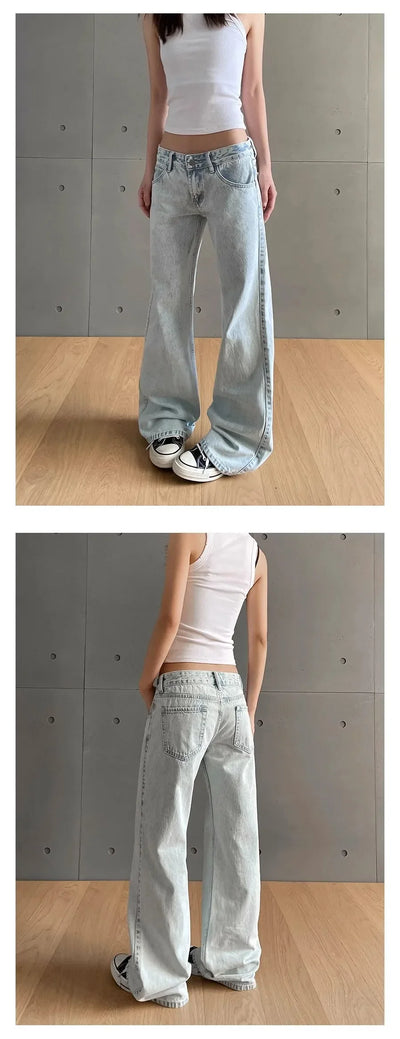 y2k Vintage Women Jeans Low Waist Zipper Button Solid Trousers with Pockets Aesthetic Streetwear Washed Jeans