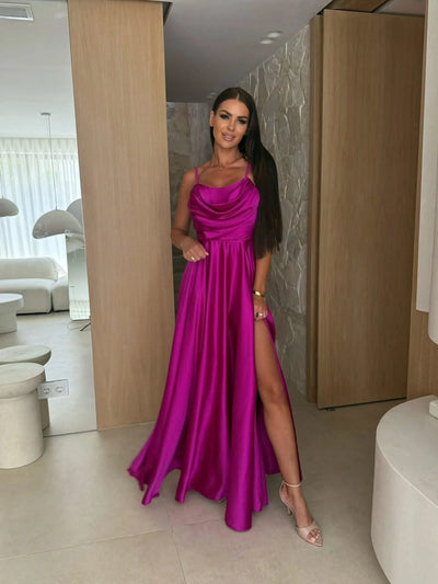 2025 Summer Women's Sexy Off Shoulder Solid Color Folded Split Strap Dress
