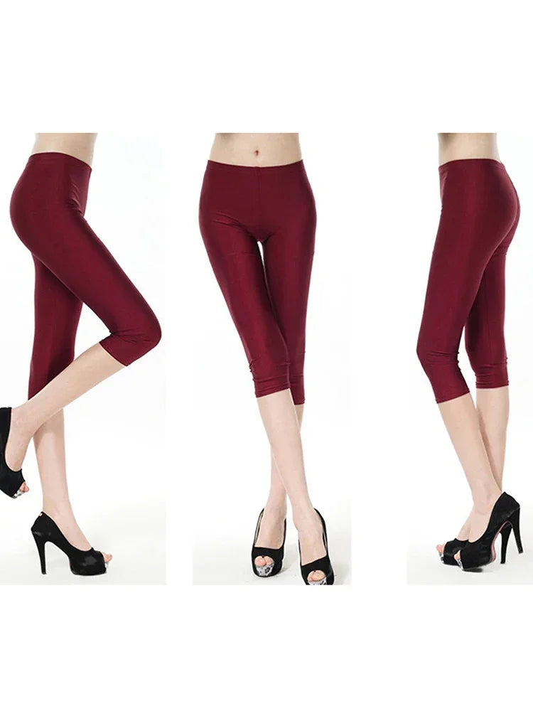 CUHAKCI Fluorescent Color Women Leggings Shiny Leggins Spandex Pants Summer Super Elastic Fitness Capris