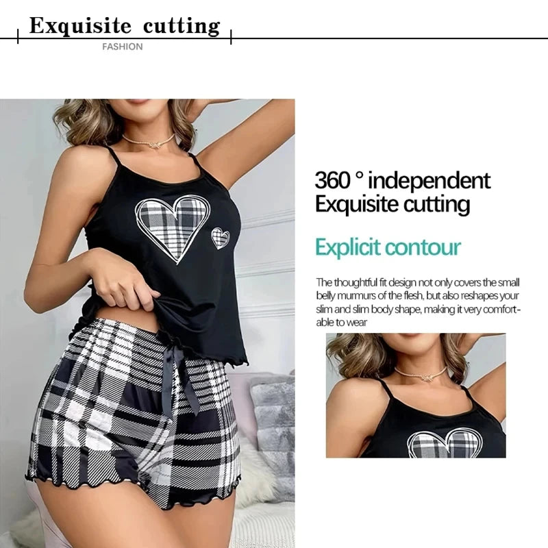 Sexy Nightwear Women's Suspenders Top Plaid Pants Fashion Sleepwear Homewear Two-Piece Set Ladies Pajamas Love Print Loungewear