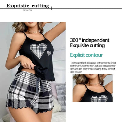 Sexy Nightwear Women's Suspenders Top Plaid Pants Fashion Sleepwear Homewear Two-Piece Set Ladies Pajamas Love Print Loungewear