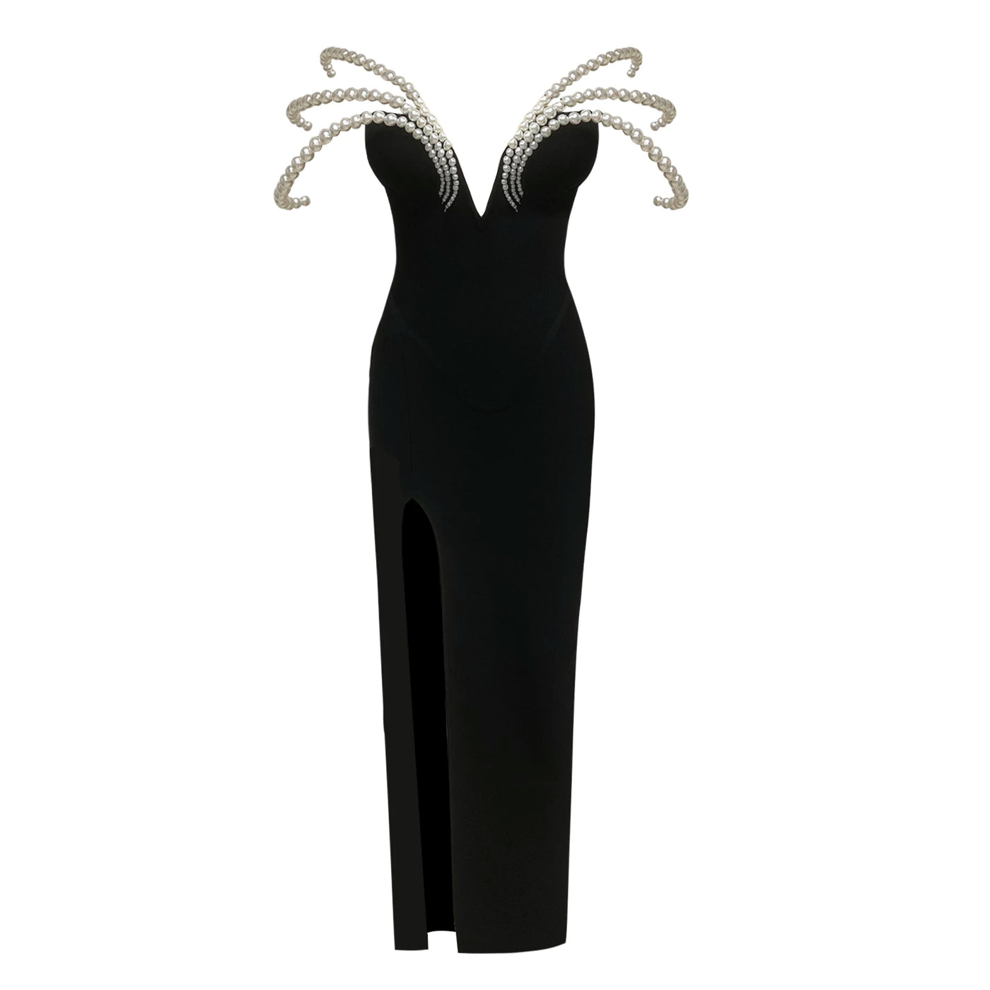 Women's Elegant Black Off-Shoulder Evening Dresses with Pearl Embellishment and High Slit for Formal Events & Weddings Vestidos