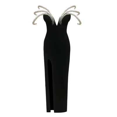 Women's Elegant Black Off-Shoulder Evening Dresses with Pearl Embellishment and High Slit for Formal Events & Weddings Vestidos