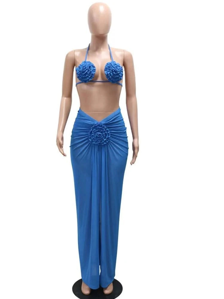 Beyprern Women's Royal Blue 3D Flower Bikini Set 3 Pieces Outfits Summer Sheer Mesh Blossmed Ruched Dress Cover-Up Set Swimsuits