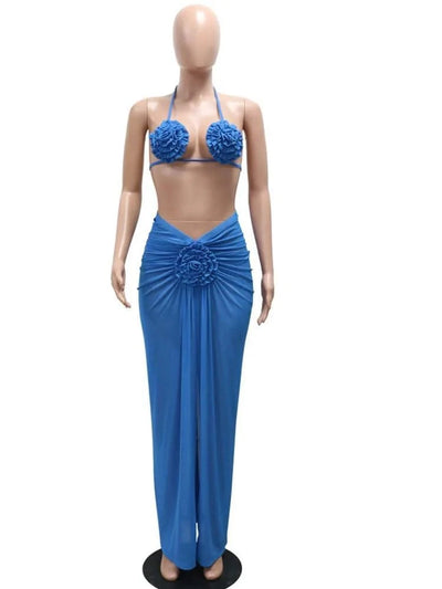 Beyprern Women's Royal Blue 3D Flower Bikini Set 3 Pieces Outfits Summer Sheer Mesh Blossmed Ruched Dress Cover-Up Set Swimsuits