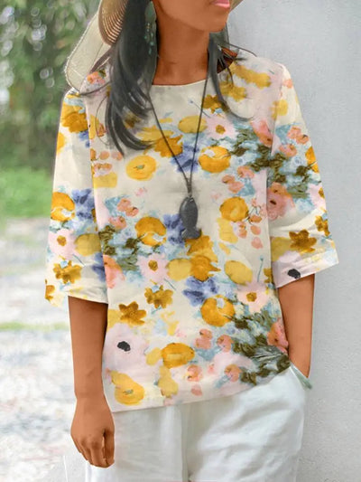 ZANZEA Women Cotton Linen Blouses 2024 Summer Bohemian Floral Printed Blusas Fashion 3/4 Sleeve O-Neck Top Casual Loose Shirts
