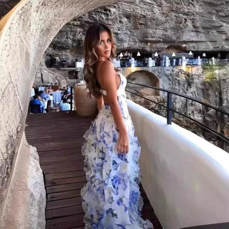 Summer Women Floral Print Party Dress Elegant New Fashion Strap V Neck High Waist Halter Corset Ruffle Evening Long Dress Robe