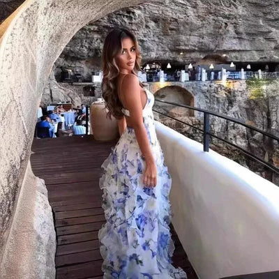 Summer Women Floral Print Party Dress Elegant New Fashion Strap V Neck High Waist Halter Corset Ruffle Evening Long Dress Robe