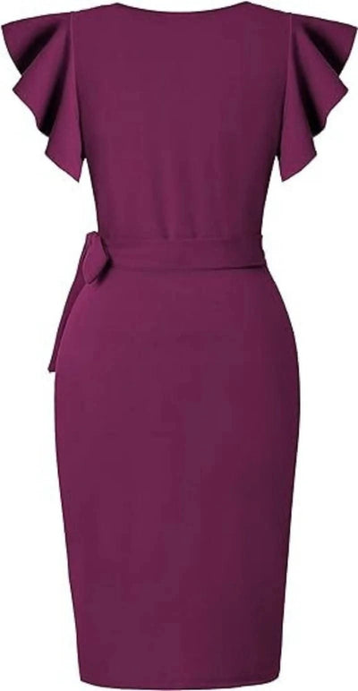 Sexy Summer Dress Cocktail Faux Wrap Deep V Neck Ruffle Sleeve Ruched Party Work Formal Wedding Dresses for Women