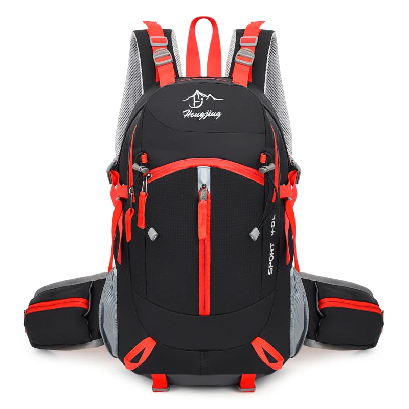 Fashionable and Wear-Resistant Outdoor Travel Backpack, Black and Red Contrasting Color Large-Capacity Mountaineering Bag with Waterproof Cover