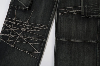 Trendy Brand American Retro Tooling Jeans Mens High Street Heavy Industry Embroidery Loose Wide-leg Trousers