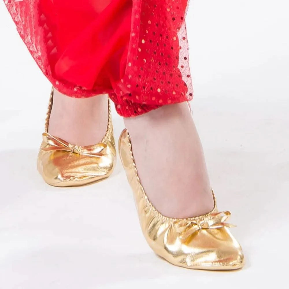 Professional Bowknot Belly Dancing Shoes Golden Foldable Indian Dance Shoes Leather Soft Ballerina Flats Children