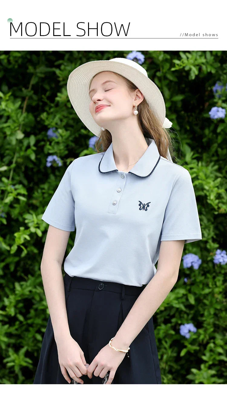 I BELIEVE YOU Blue Polo Collar T-shirt Top for Women Summer 2025 Butterfly Embroidered Breathable Short Sleeve Tees 2252015969