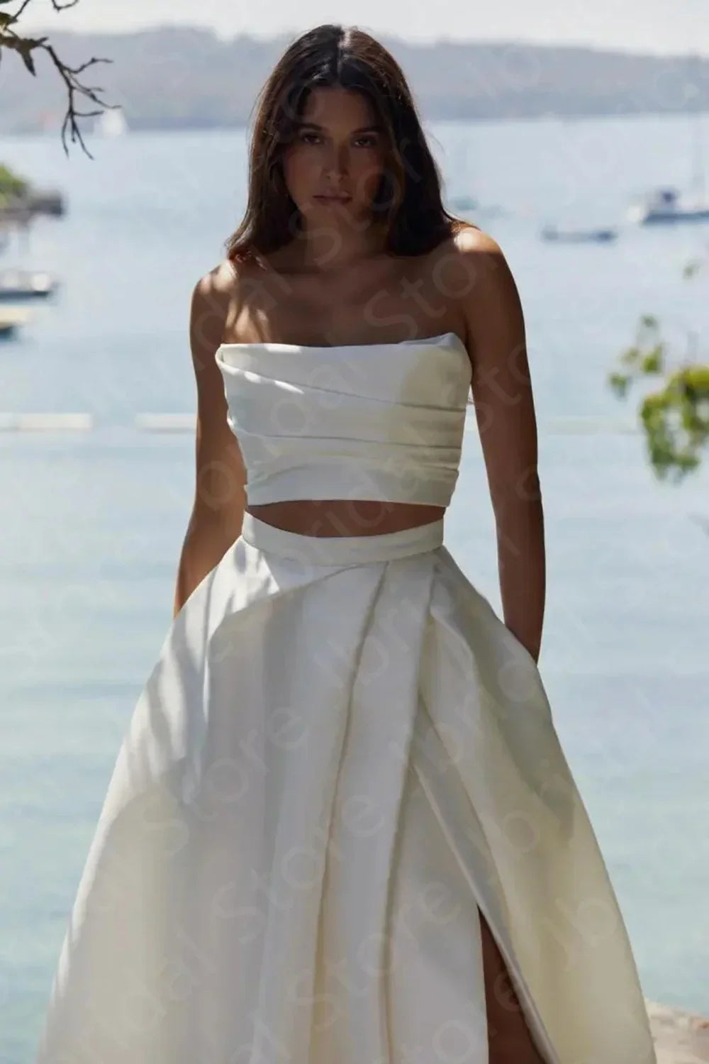 Beach Wedding Dresses Boho Bridal Gowns Summer Two Pieces Bride Dress 2024 Thigh Split Wedding Gown Strapless Sleeveless On Sale