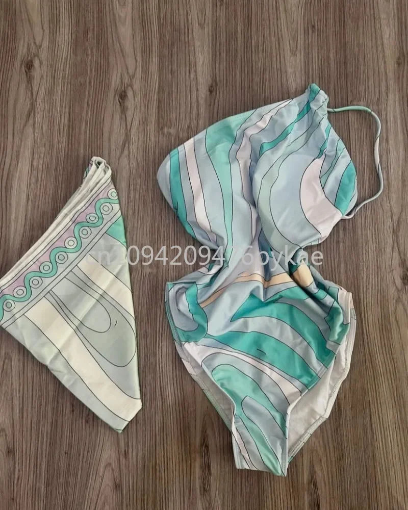 Luxury Design Women's Blue Scarf Swimsuit Designer Brand Lady Beach Swimswear