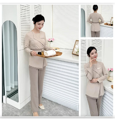 Women's Khaki SPA Uniform Set 2025 Spring/Autumn New Style Beauty Salon Front Desk Workwear Top And Pants Company Wholesale