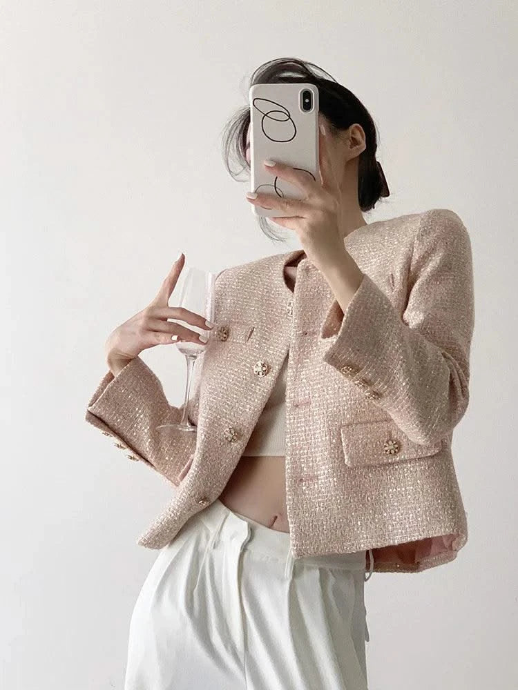 High Quality Luxury Small Fragrance Tweed Jacket Women High-end Sequins Slim Woolen Coat Korean Fashion Outwear Jaqueta Feminina
