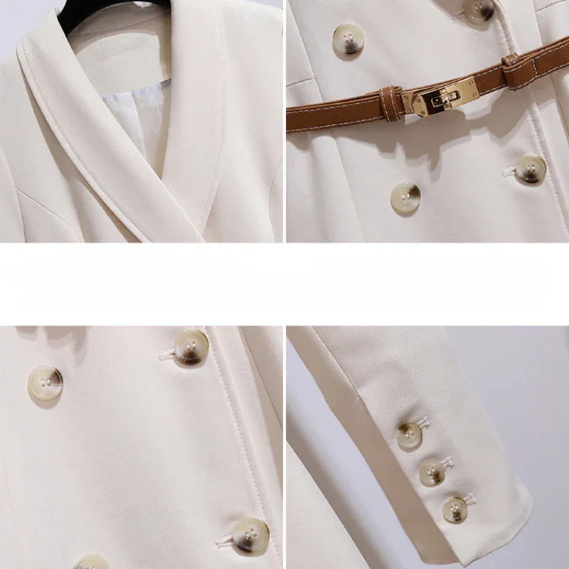 Women's Dress Double Breasted Elegant Dresses for Women 2025 Autumn Off white Dress Belt Knee-Length Solid Fashion Woman Clothes