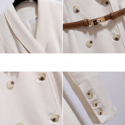 Women's Dress Double Breasted Elegant Dresses for Women 2025 Autumn Off white Dress Belt Knee-Length Solid Fashion Woman Clothes