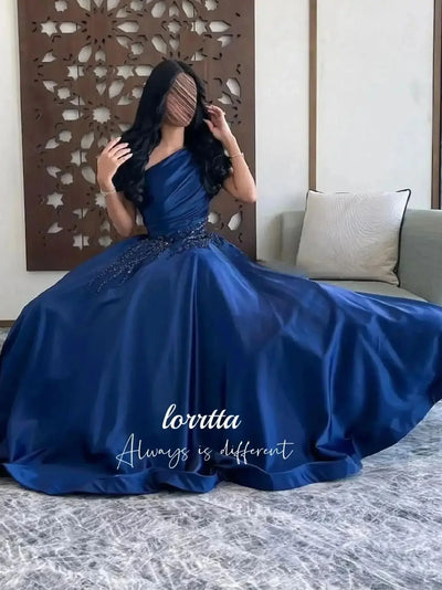 Luxury Woman Women's Evening Dress Dark Blue Satin Glitter Trim Line A Graduation Dresses Party Elegant Prom Wedding Customized