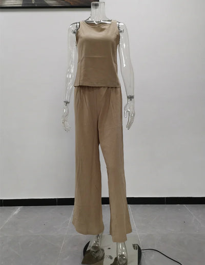 Women's New Cotton Linen Suit Summer Casual Sleeveless Round Neck Top Trousers Wide Leg Pants Two-piece Set For Women