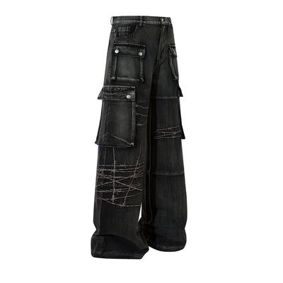 Trendy Brand American Retro Tooling Jeans Mens High Street Heavy Industry Embroidery Loose Wide-leg Trousers