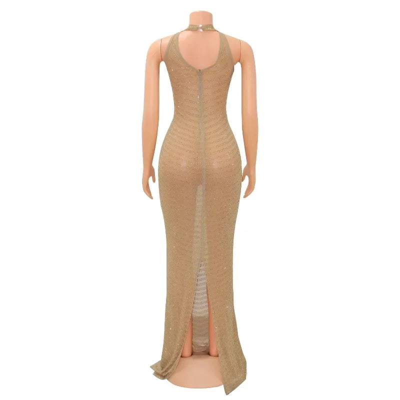 Sexy Sheer Mesh Studded Maxi Dress Women Sheath Backless Party Dress Clubwear
