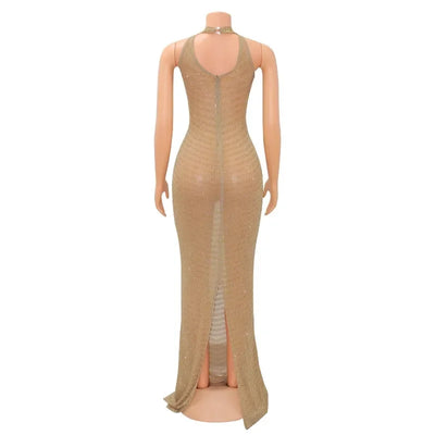 Sexy Sheer Mesh Studded Maxi Dress Women Sheath Backless Party Dress Clubwear