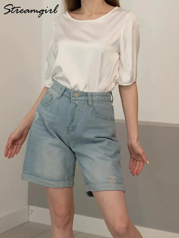 Women Denim Shorts Ripped Wide Leg Black High Waist Short Jeans Straight Leg Blue Denim Shorts For Women Summer Jean Shorts