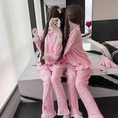 Spring Summer Women's Loungewear Cotton Yarn Pink Polka Dot Long-sleeved Top Fruit Print Sweet Short-sleeved Pajama Suit Female