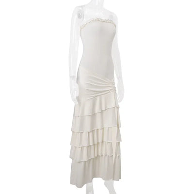 NIDANSSI White Strapless Backless Evening Party Dress Women Ruffle Robes Elegant Sexy Dress Bodycon Long Summer Dress Vestidos