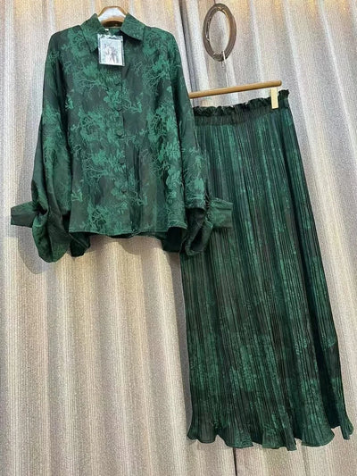Summer Outfits For Women 2023 Fashion Set Chic and Elegant Wide Printed Shirt Two-piece High Waist Pleated Wide Leg Pants Sets