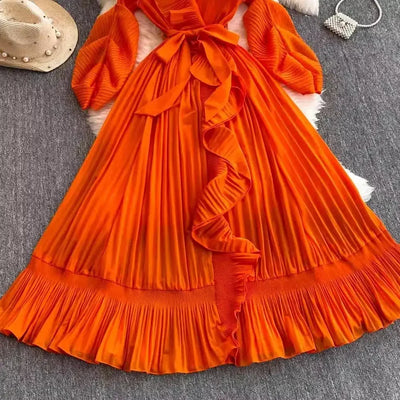 Women's V Neck Ruffles Splice Lantern Sleeve High Stretch Oversized Dresses Miyake Maxi Pleated 2025 Spring Long Party Clothing