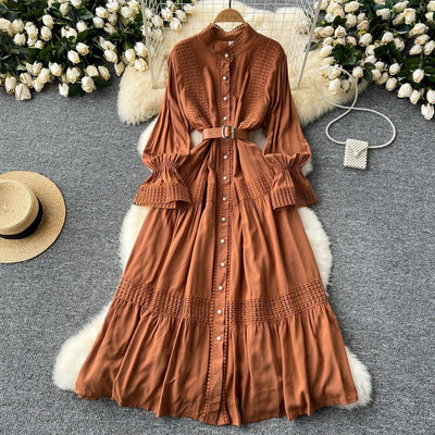 Retro Elegant Summer Stand Collar Flare Sleeve Single Breasted Lace Spliced Dress A-line French Evening Party Women Dresses