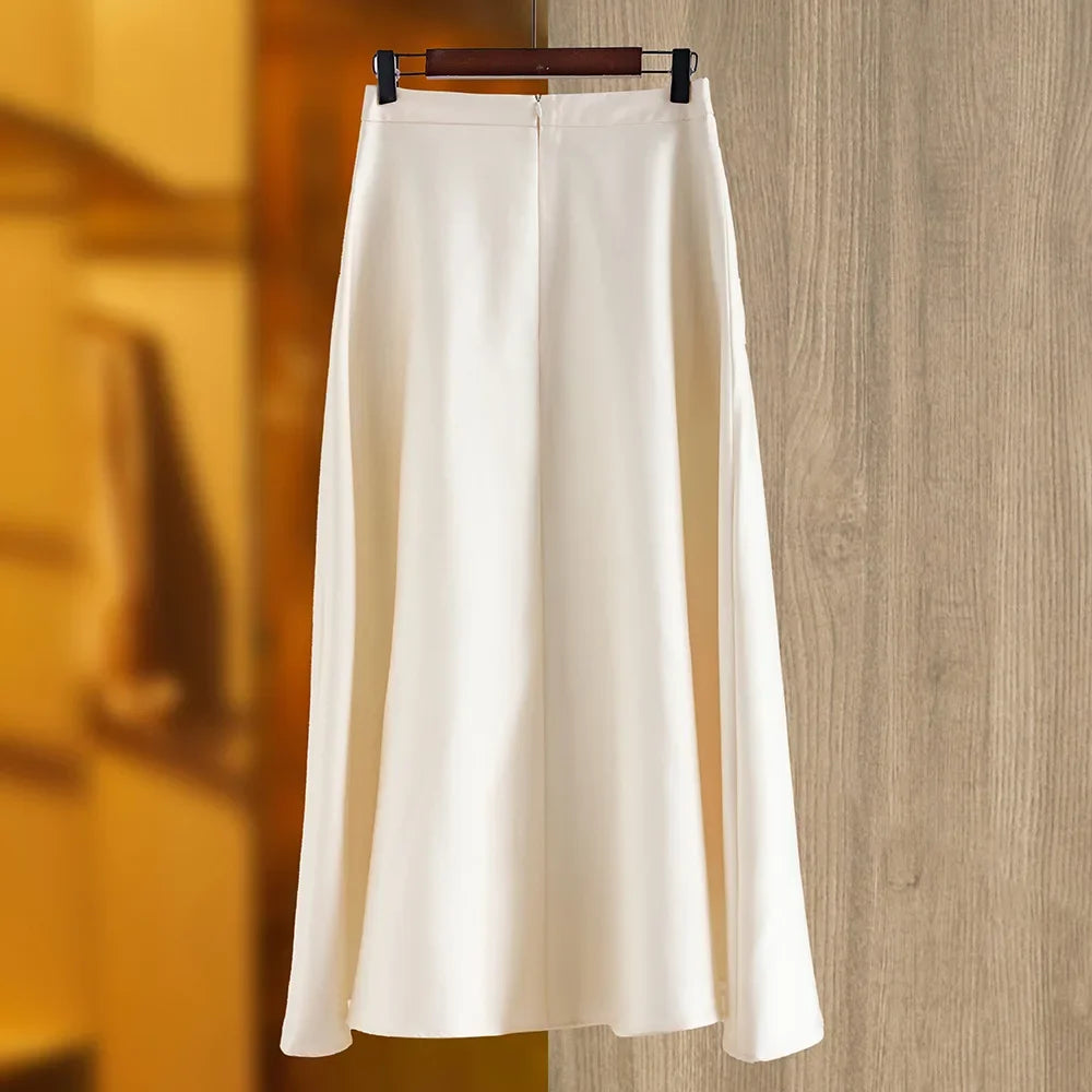 Vintage Elegant Style Lady Solid A-line High Waist Office Casual Wear Women Midi Skirt
