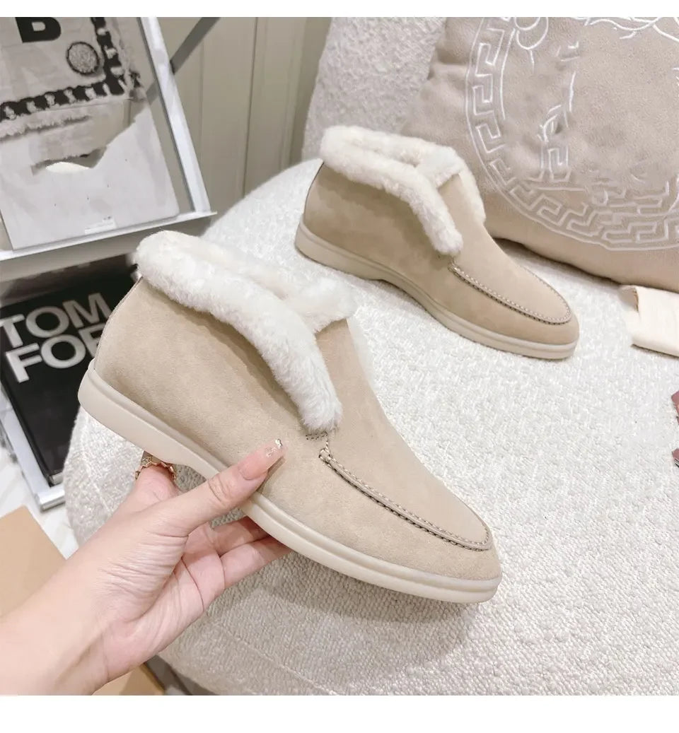 Fur Ankle Boots Women's Cow Suede Loafers High Quality 2025 Winter Flat Shoes Fur Integrated Warm Snow Boots