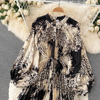 Retro Print Elegant Pleated Lace-up Chiffon Long Sleeve Dress A-line Blouse French Casual V-neck High Waist Women Summer Dresses