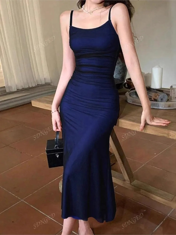 Summer Satin Sleeveless Slip Dress Women Fishtail Ruffle Elegant Fashion Ladies Dresses Slim High Waist Woman Long Dress