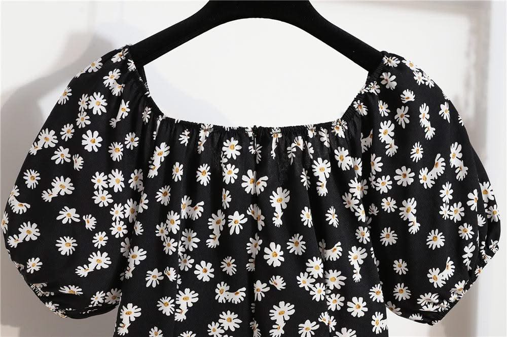 Women Mini Printed Floral Chiffon Shirring Pleated Short Puffy Sleeve Casual Dresses Summer Fashion