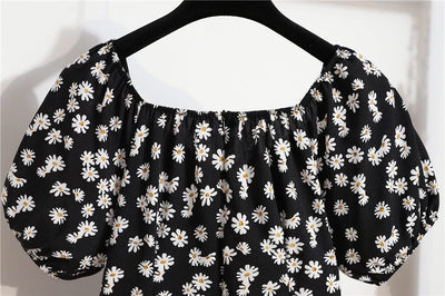 Women Mini Printed Floral Chiffon Shirring Pleated Short Puffy Sleeve Casual Dresses Summer Fashion