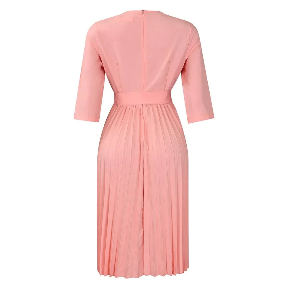 Elegant Office Dresses for Women Professional V Neck Full Sleeve Sashes Pleated Mid Calf Formal Business Work Wear Dress Midi OL