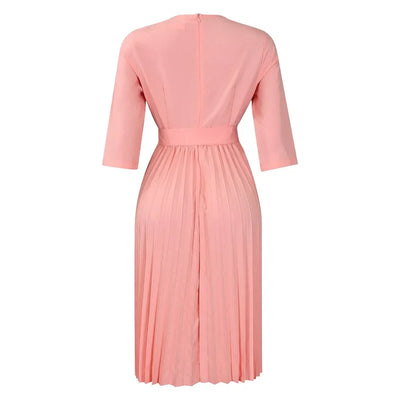 Elegant Office Dresses for Women Professional V Neck Full Sleeve Sashes Pleated Mid Calf Formal Business Work Wear Dress Midi OL