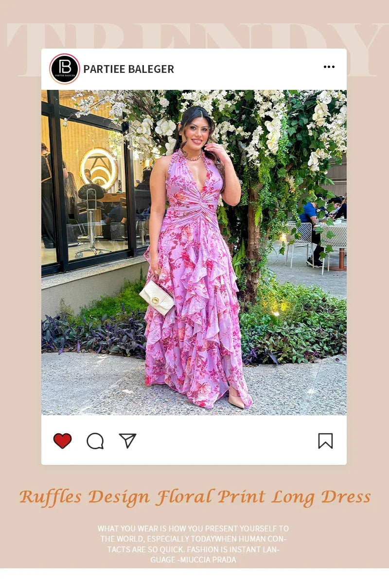Bohemian Ruffle Long Dress for Women – Pink Floral Halter Neck Evening Gown – Elegant Vacation & Wedding Guest Dresses