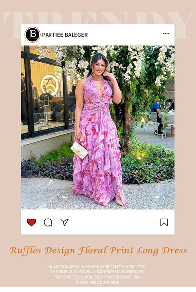 Bohemian Ruffle Long Dress for Women – Pink Floral Halter Neck Evening Gown – Elegant Vacation & Wedding Guest Dresses