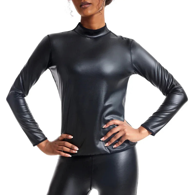 Women Stand collar Leather Long Sleeves Shirt Motorcycle Biker tops Body Shaper Waist Trainer Slim Tshirt Fashion Shapewear tops