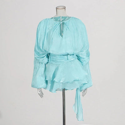 TWOTWINSTYLE Solid Spliced Lace Up Loose Dresses For Women O Neck Long Sleeve High Waist Temperament Dress Female Fashion New