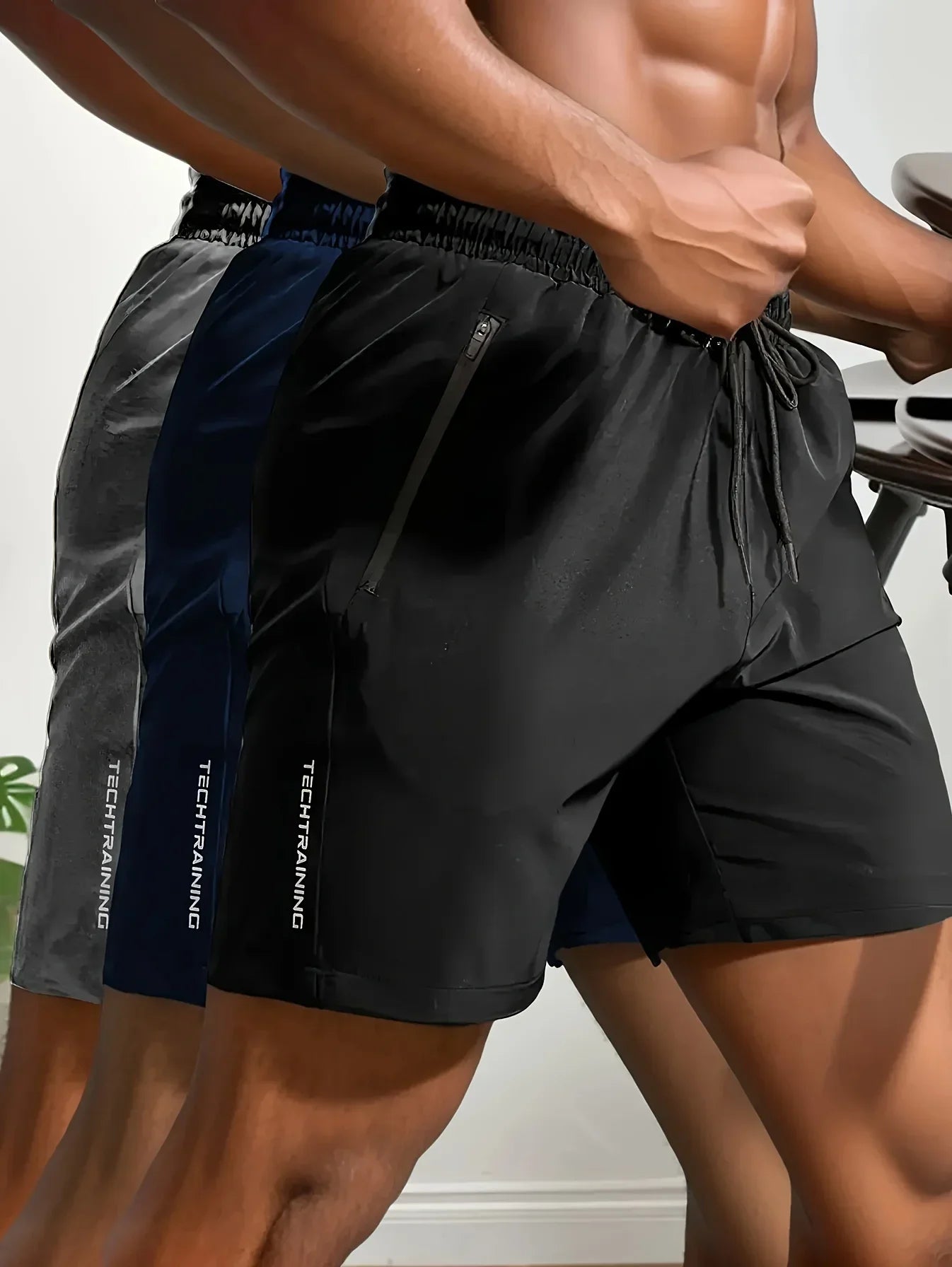 Men's Shorts Three-Piece Set, Sports, Fitness, Swimming, Zipper Pockets, Quick-Drying, Casual, Breathable, Drawstring Shorts, Suitable for Summer Outdoor Sports, Fitness Training, Home Leisure, Beach Vacation
