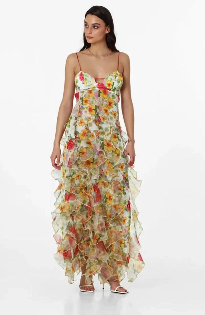 Summer Women Floral Print Party Dress Elegant New Fashion Strap V Neck High Waist Halter Corset Ruffle Evening Long Dress Robe